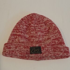 Obey Beanie Red White Swirl Knit Hat Cap One Size Tag Cuff Snowboard Ski Skate